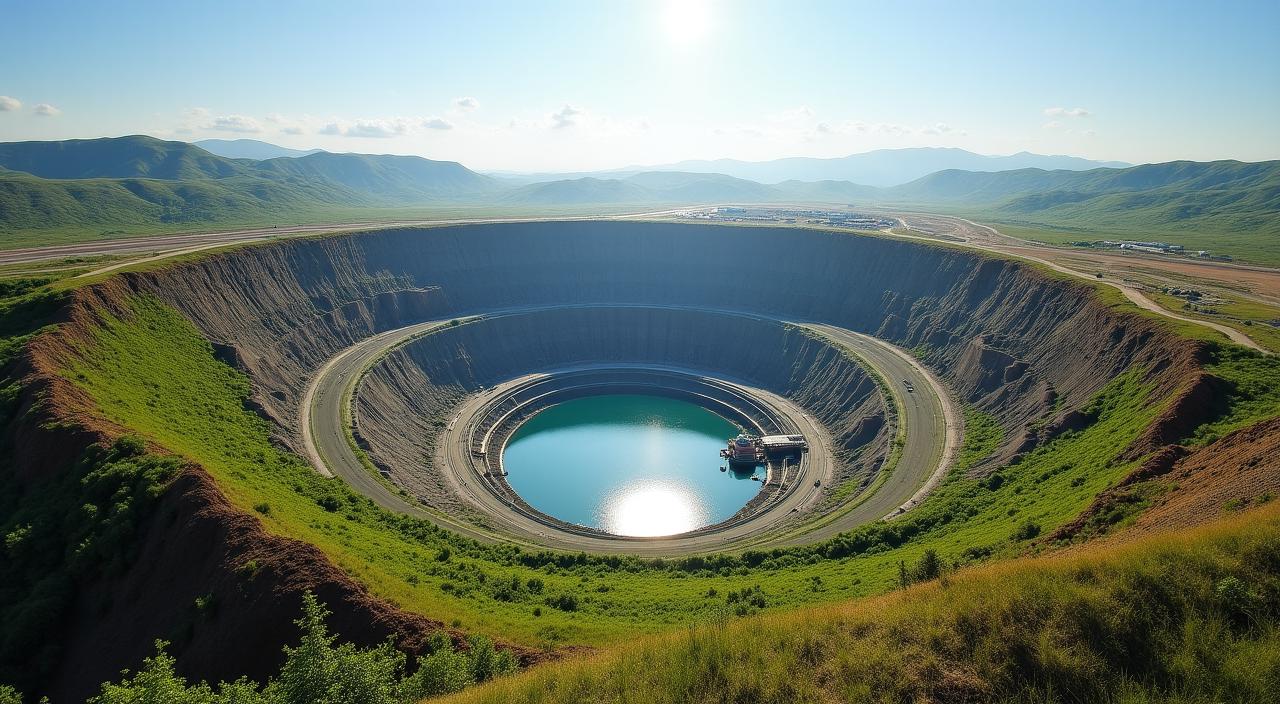 Panoramic view of a modern, sustainable open-pit mine operation with green reclamation areas