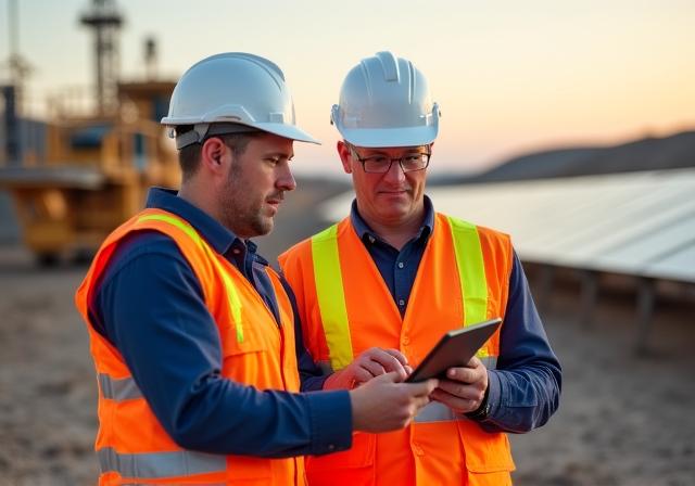Consultants in hardhats discussing site plans under a solar array